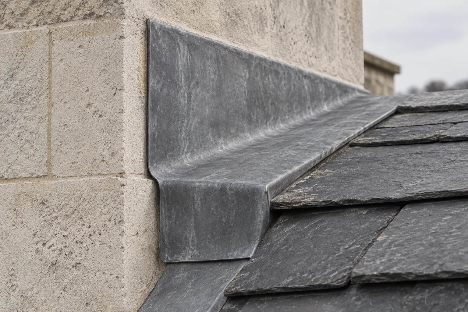 Illustrative lead fold where a roof covering meets a stone wall.