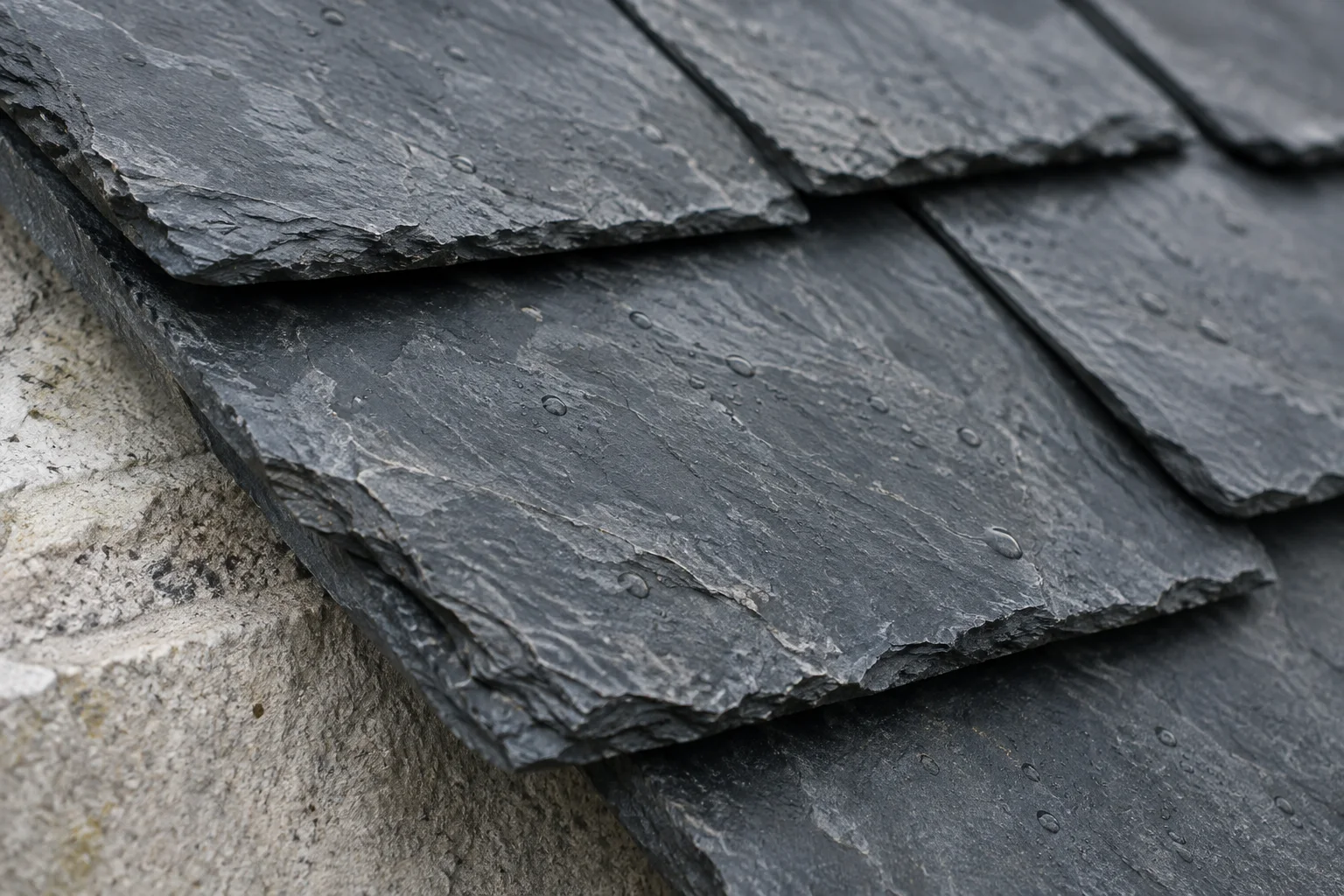 Original fictional slate study: layered cleaved edges and rain beads.