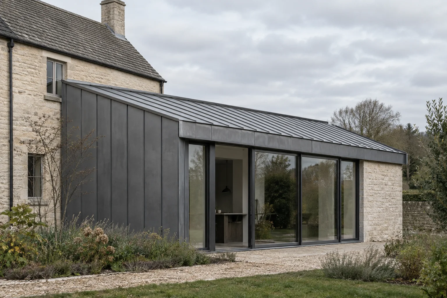 The low folded roof of the fictional Zinc Addition in its architectural context.