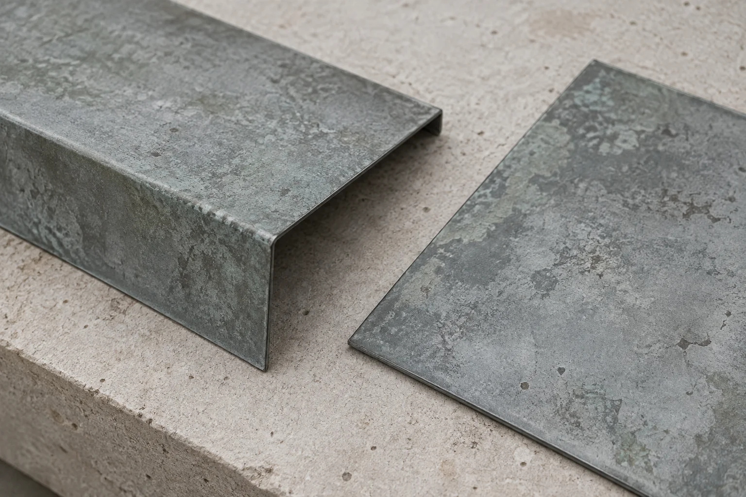 Fictional zinc material study: a weathered surface and folded edge.